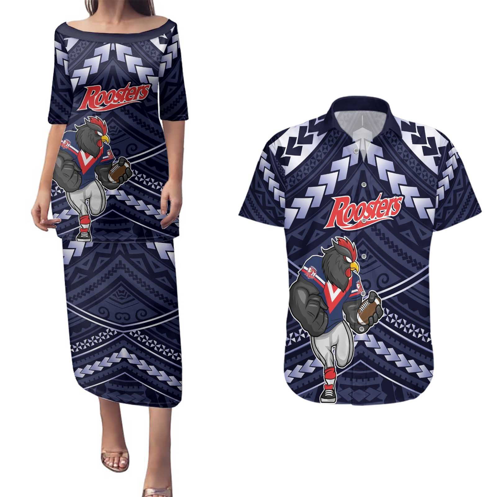 Custom Roosters Rugby Polynesian Tribal Couples Matching Puletasi and Hawaiian Shirt
