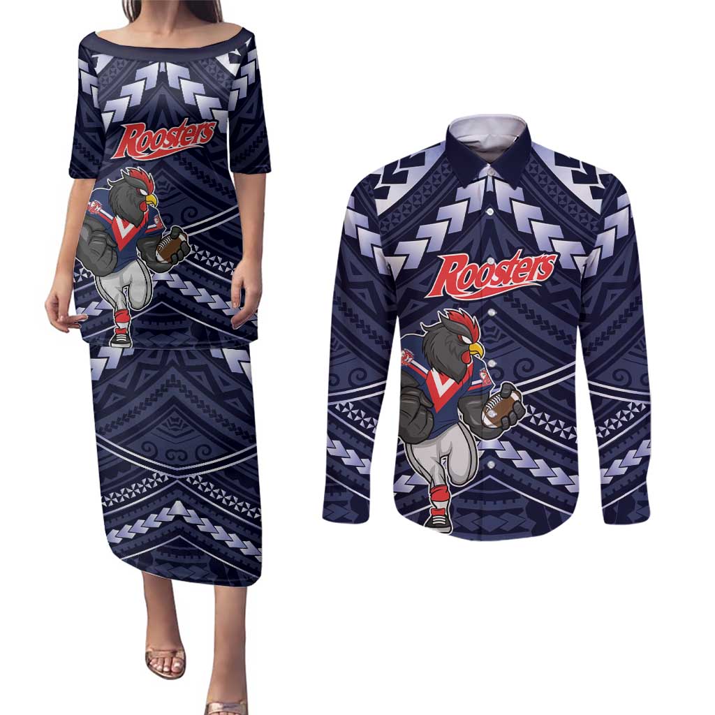 Custom Roosters Rugby Polynesian Tribal Couples Matching Puletasi and Long Sleeve Button Shirt