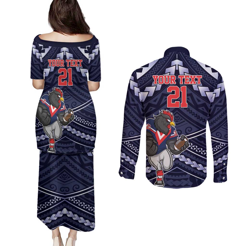 Custom Roosters Rugby Polynesian Tribal Couples Matching Puletasi and Long Sleeve Button Shirt