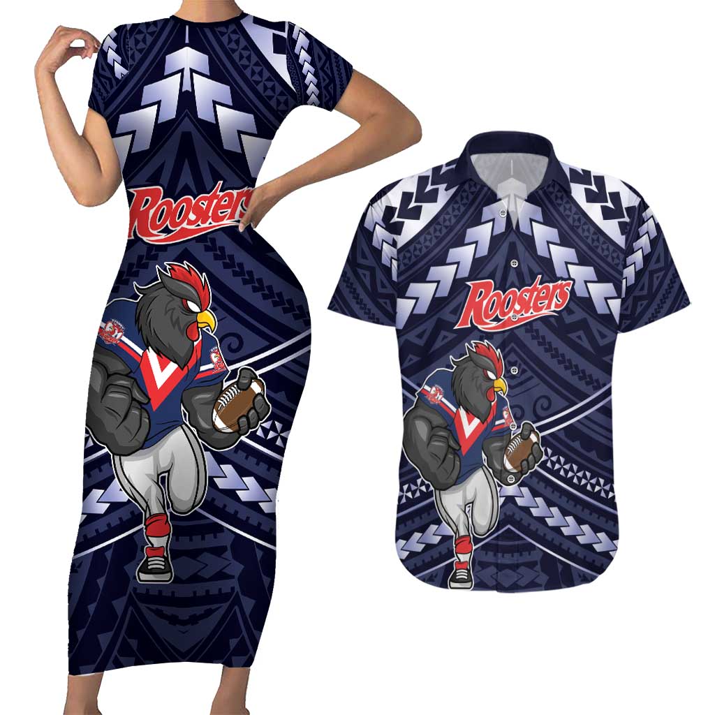 Custom Roosters Rugby Polynesian Tribal Couples Matching Short Sleeve Bodycon Dress and Hawaiian Shirt