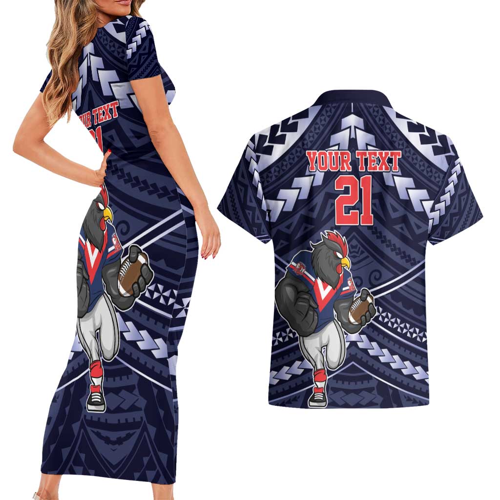 Custom Roosters Rugby Polynesian Tribal Couples Matching Short Sleeve Bodycon Dress and Hawaiian Shirt