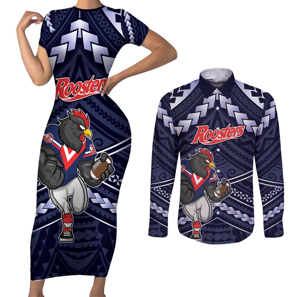 Custom Roosters Rugby Polynesian Tribal Couples Matching Short Sleeve Bodycon Dress and Long Sleeve Button Shirt