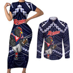 Custom Roosters Rugby Polynesian Tribal Couples Matching Short Sleeve Bodycon Dress and Long Sleeve Button Shirt