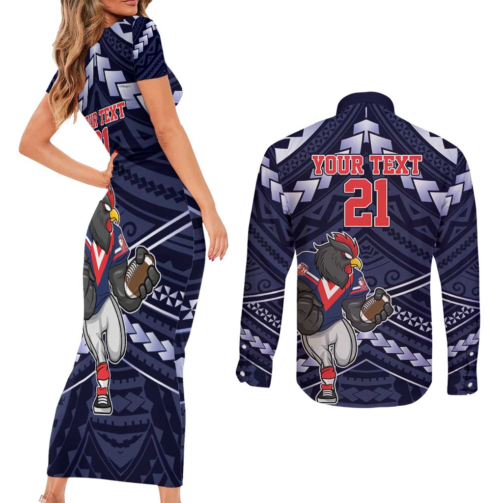 Custom Roosters Rugby Polynesian Tribal Couples Matching Short Sleeve Bodycon Dress and Long Sleeve Button Shirt