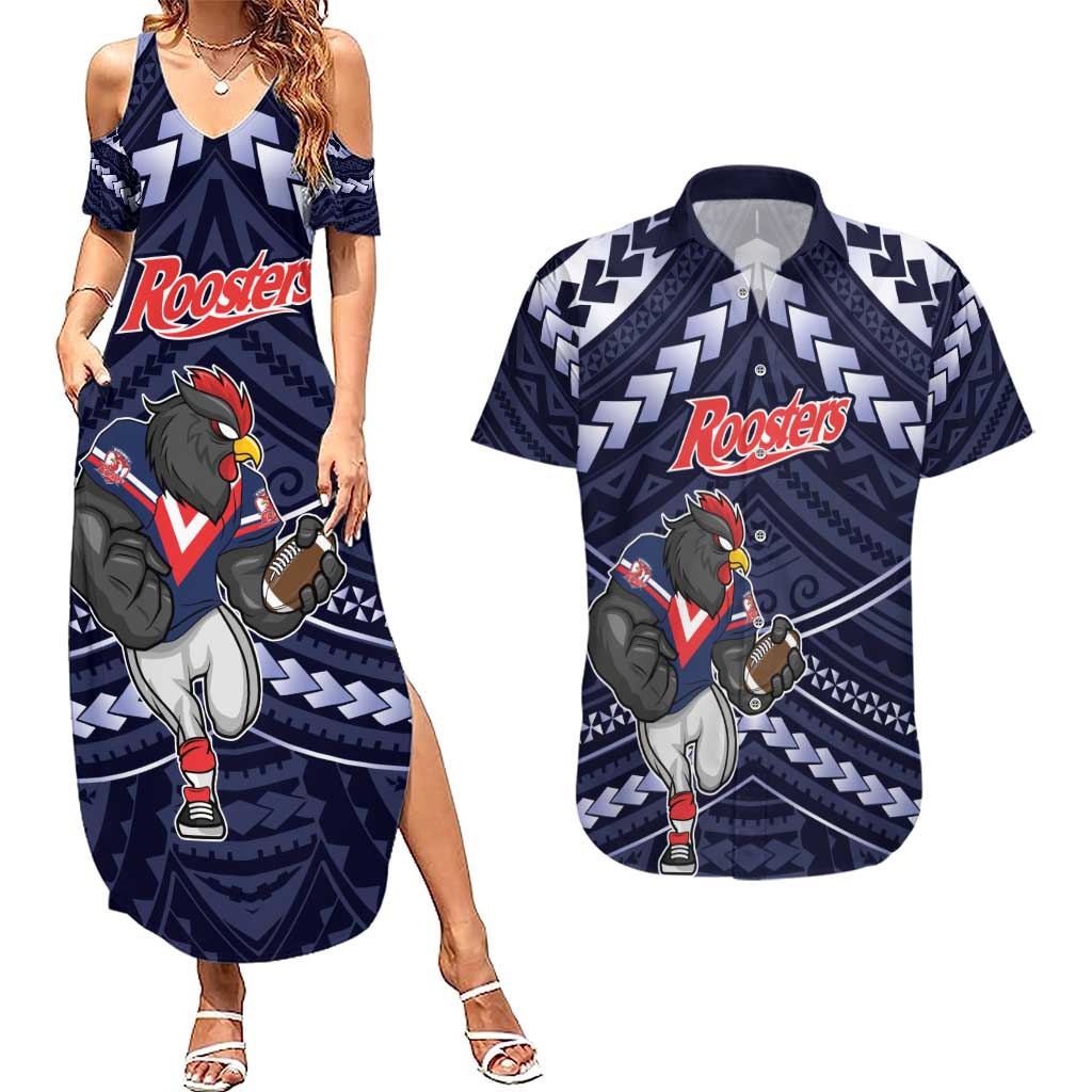 Custom Roosters Rugby Polynesian Tribal Couples Matching Summer Maxi Dress and Hawaiian Shirt