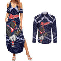 Custom Roosters Rugby Polynesian Tribal Couples Matching Summer Maxi Dress and Long Sleeve Button Shirt