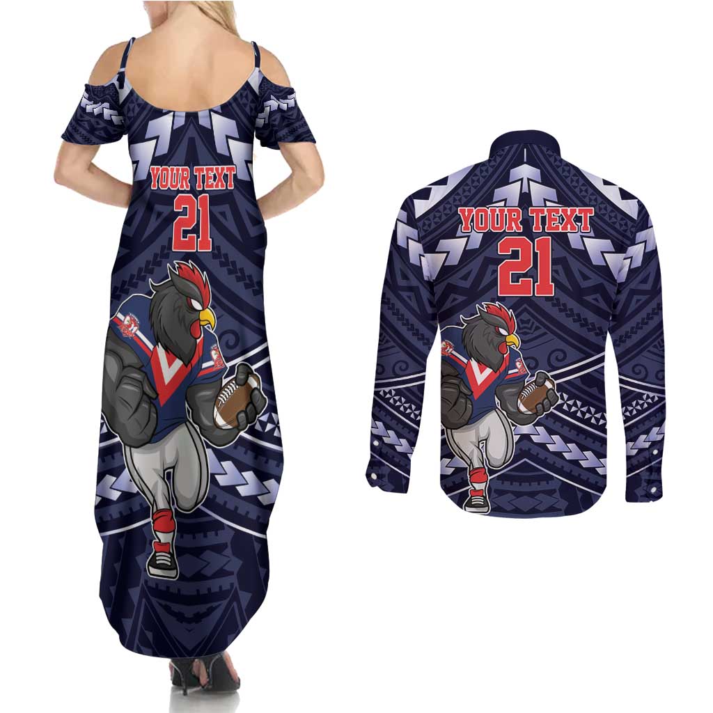 Custom Roosters Rugby Polynesian Tribal Couples Matching Summer Maxi Dress and Long Sleeve Button Shirt