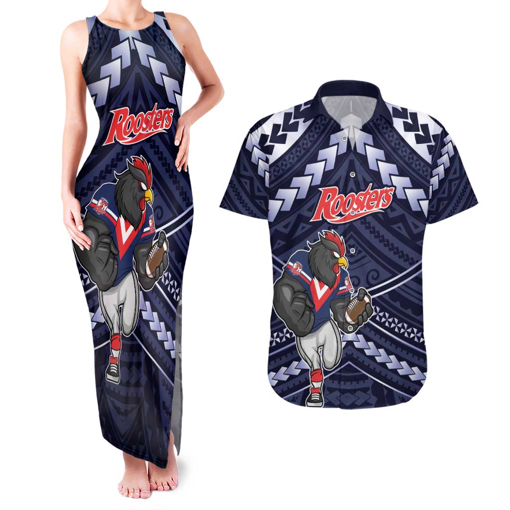 Custom Roosters Rugby Polynesian Tribal Couples Matching Tank Maxi Dress and Hawaiian Shirt
