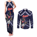 Custom Roosters Rugby Polynesian Tribal Couples Matching Tank Maxi Dress and Long Sleeve Button Shirt