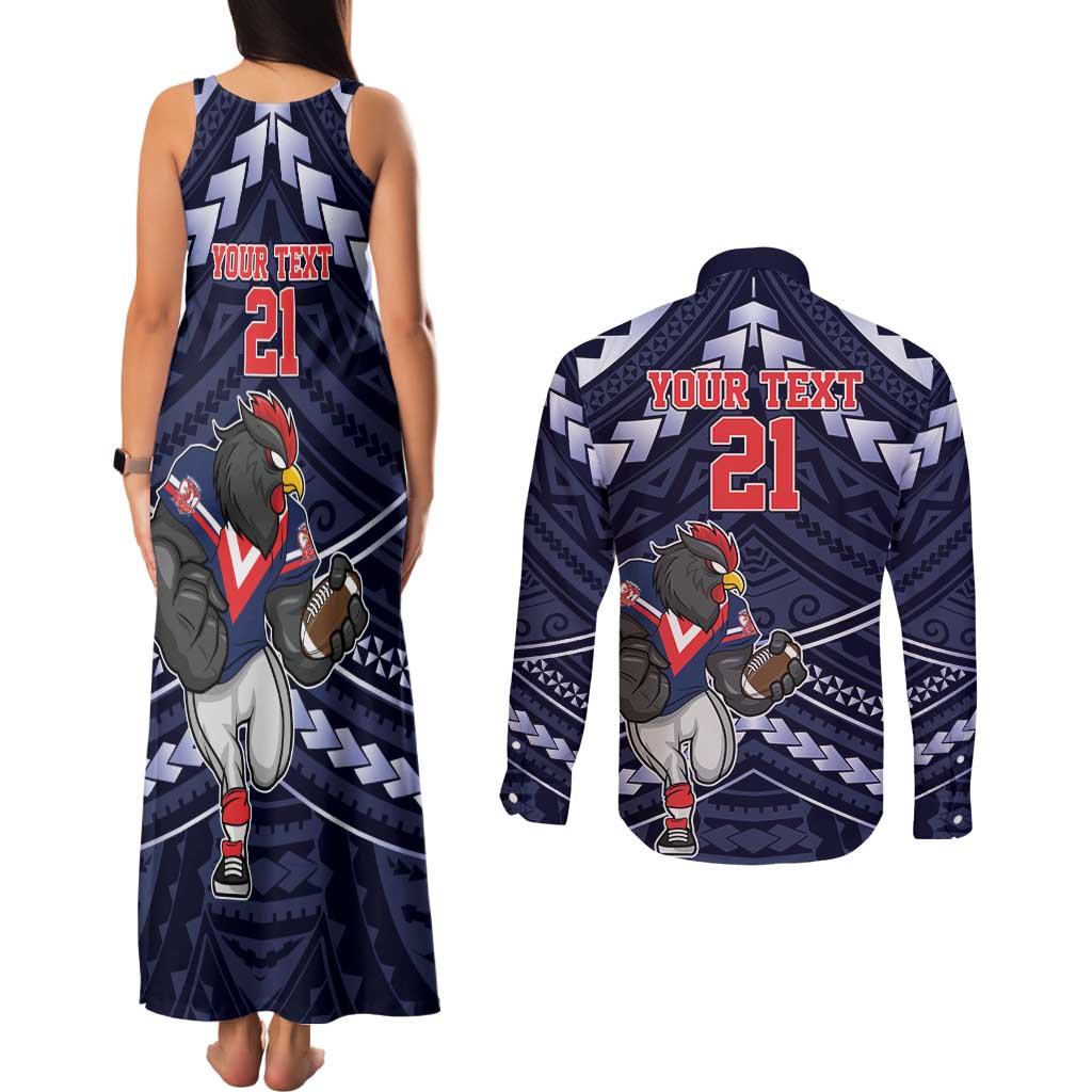 Custom Roosters Rugby Polynesian Tribal Couples Matching Tank Maxi Dress and Long Sleeve Button Shirt