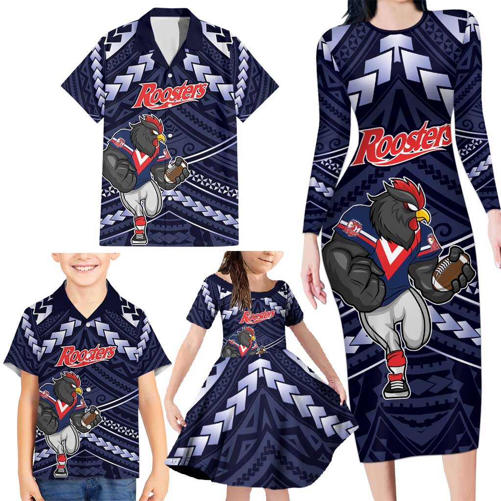 Custom Roosters Rugby Polynesian Tribal Family Matching Long Sleeve Bodycon Dress and Hawaiian Shirt