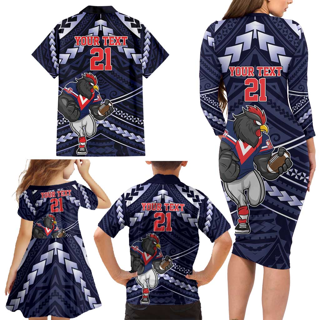 Custom Roosters Rugby Polynesian Tribal Family Matching Long Sleeve Bodycon Dress and Hawaiian Shirt
