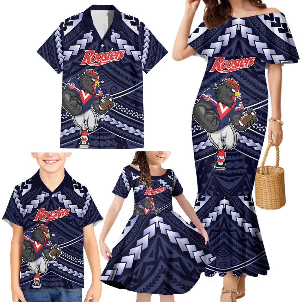 Custom Roosters Rugby Polynesian Tribal Family Matching Mermaid Dress and Hawaiian Shirt