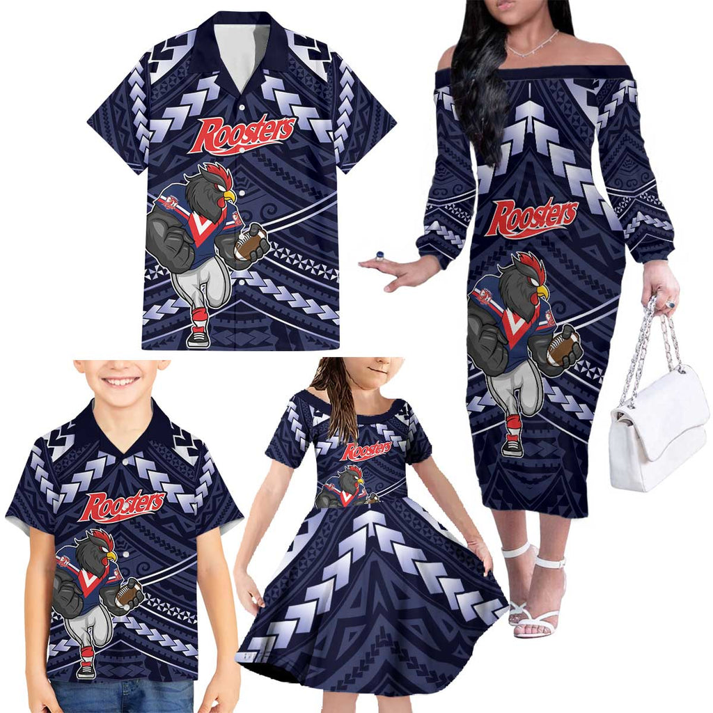 Custom Roosters Rugby Polynesian Tribal Family Matching Off The Shoulder Long Sleeve Dress and Hawaiian Shirt