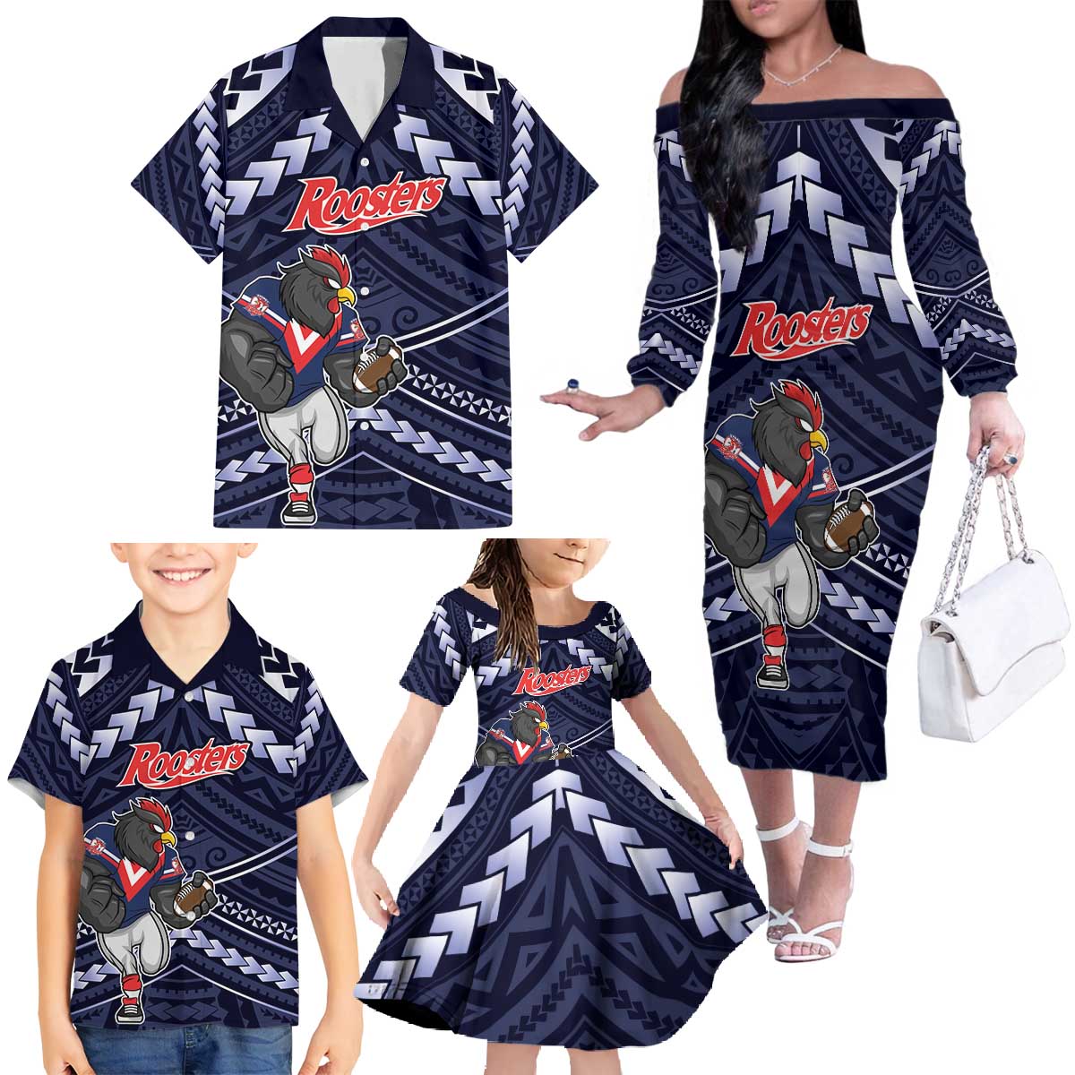Custom Roosters Rugby Polynesian Tribal Family Matching Off The Shoulder Long Sleeve Dress and Hawaiian Shirt