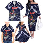Custom Roosters Rugby Polynesian Tribal Family Matching Off The Shoulder Long Sleeve Dress and Hawaiian Shirt