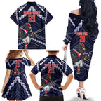 Custom Roosters Rugby Polynesian Tribal Family Matching Off The Shoulder Long Sleeve Dress and Hawaiian Shirt