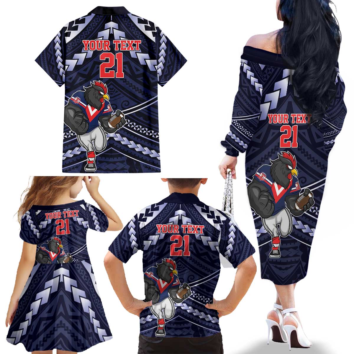 Custom Roosters Rugby Polynesian Tribal Family Matching Off The Shoulder Long Sleeve Dress and Hawaiian Shirt