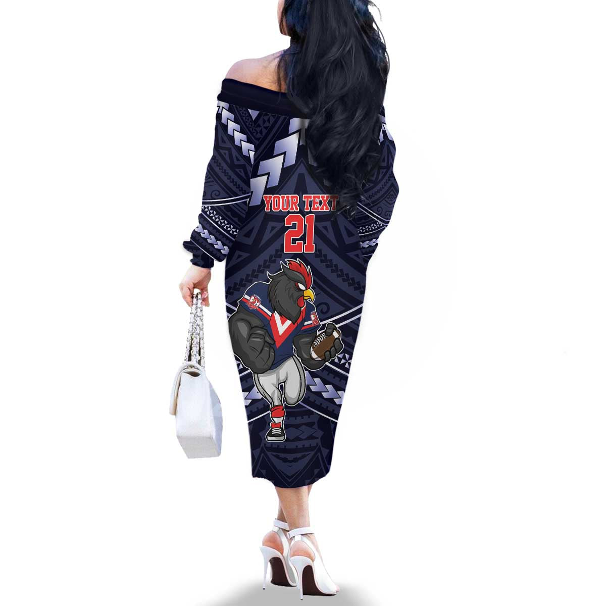 Custom Roosters Rugby Polynesian Tribal Family Matching Off The Shoulder Long Sleeve Dress and Hawaiian Shirt