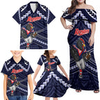 Custom Roosters Rugby Polynesian Tribal Family Matching Off Shoulder Maxi Dress and Hawaiian Shirt