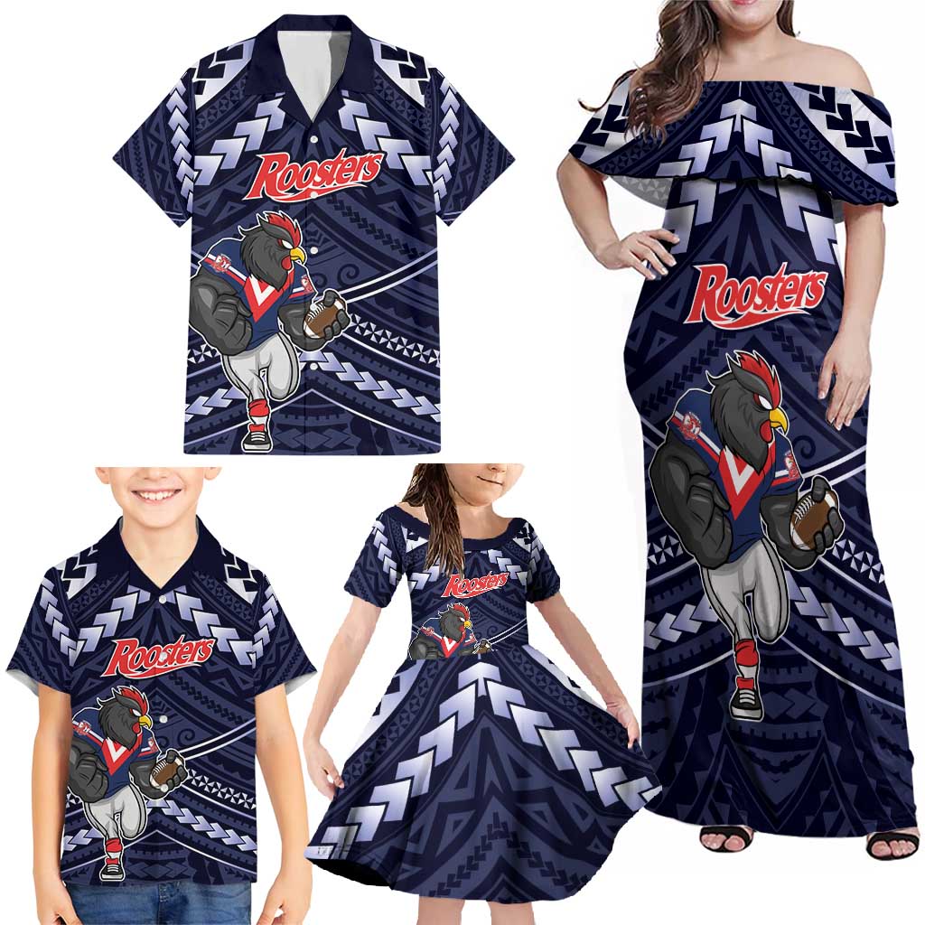 Custom Roosters Rugby Polynesian Tribal Family Matching Off Shoulder Maxi Dress and Hawaiian Shirt