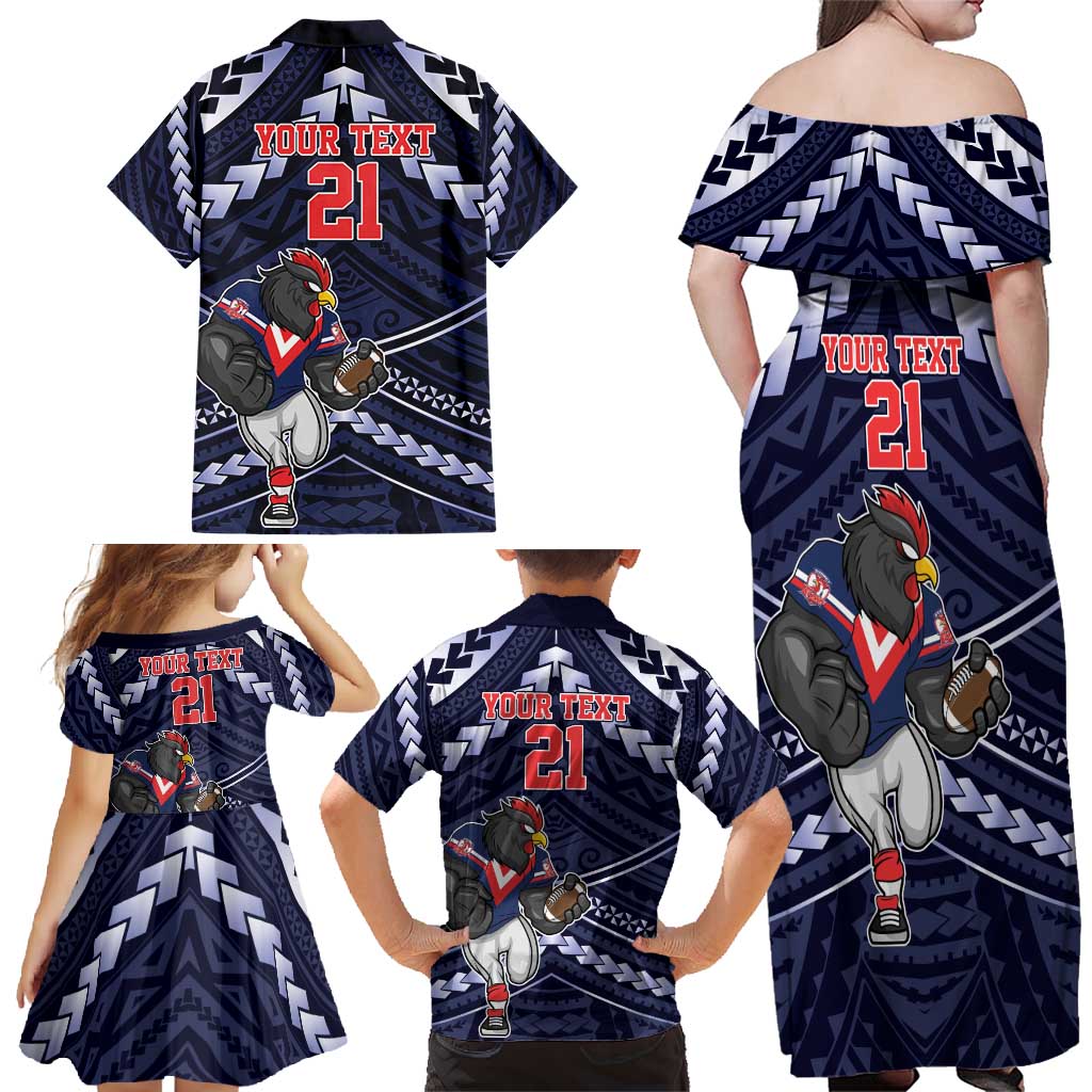 Custom Roosters Rugby Polynesian Tribal Family Matching Off Shoulder Maxi Dress and Hawaiian Shirt