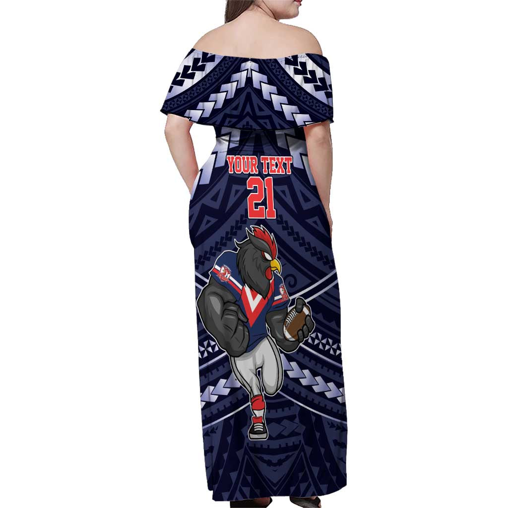 Custom Roosters Rugby Polynesian Tribal Family Matching Off Shoulder Maxi Dress and Hawaiian Shirt