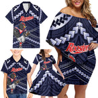 Custom Roosters Rugby Polynesian Tribal Family Matching Off Shoulder Short Dress and Hawaiian Shirt