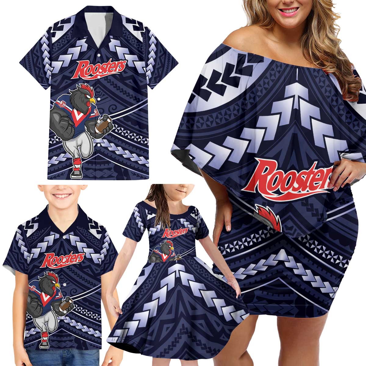 Custom Roosters Rugby Polynesian Tribal Family Matching Off Shoulder Short Dress and Hawaiian Shirt