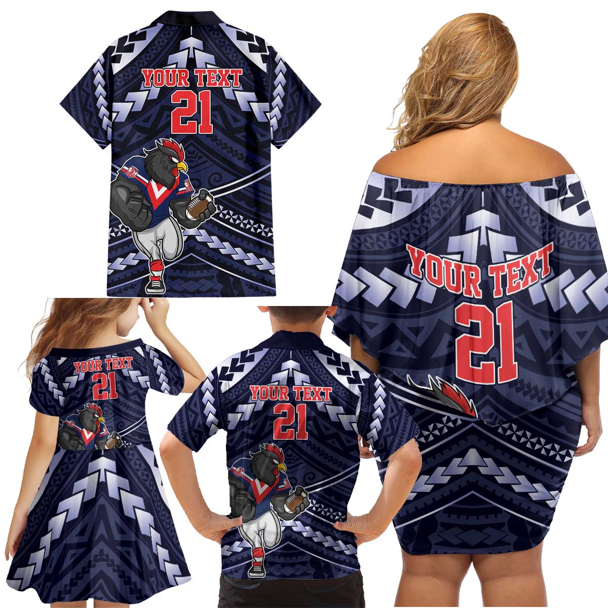 Custom Roosters Rugby Polynesian Tribal Family Matching Off Shoulder Short Dress and Hawaiian Shirt