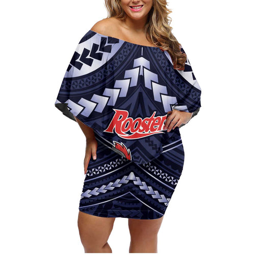 Custom Roosters Rugby Polynesian Tribal Family Matching Off Shoulder Short Dress and Hawaiian Shirt
