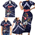 Custom Roosters Rugby Polynesian Tribal Family Matching Short Sleeve Bodycon Dress and Hawaiian Shirt