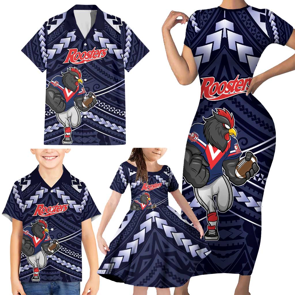 Custom Roosters Rugby Polynesian Tribal Family Matching Short Sleeve Bodycon Dress and Hawaiian Shirt