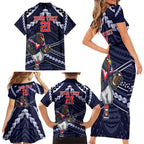 Custom Roosters Rugby Polynesian Tribal Family Matching Short Sleeve Bodycon Dress and Hawaiian Shirt