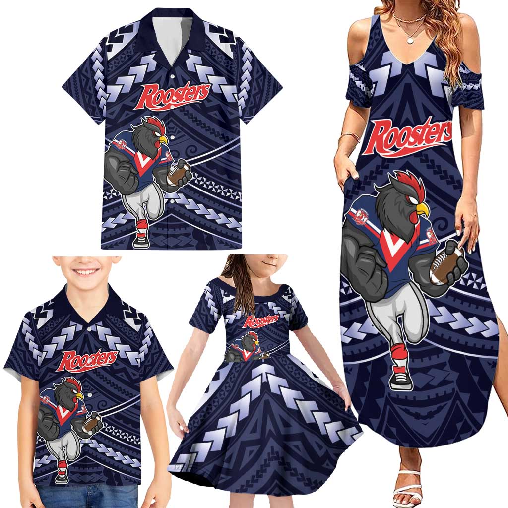 Custom Roosters Rugby Polynesian Tribal Family Matching Summer Maxi Dress and Hawaiian Shirt