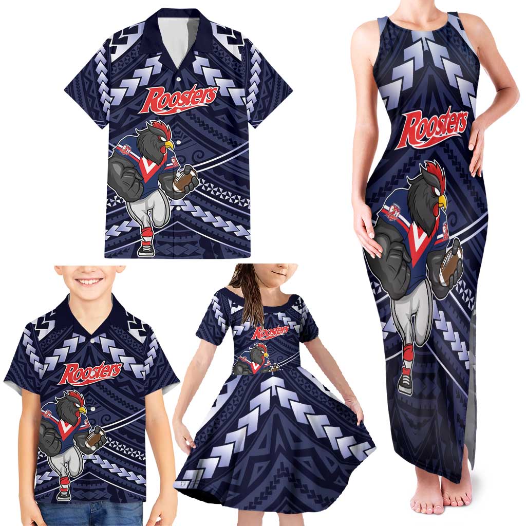 Custom Roosters Rugby Polynesian Tribal Family Matching Tank Maxi Dress and Hawaiian Shirt