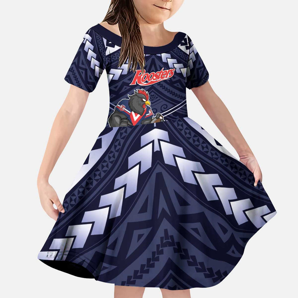 Custom Roosters Rugby Polynesian Tribal Kid Short Sleeve Dress