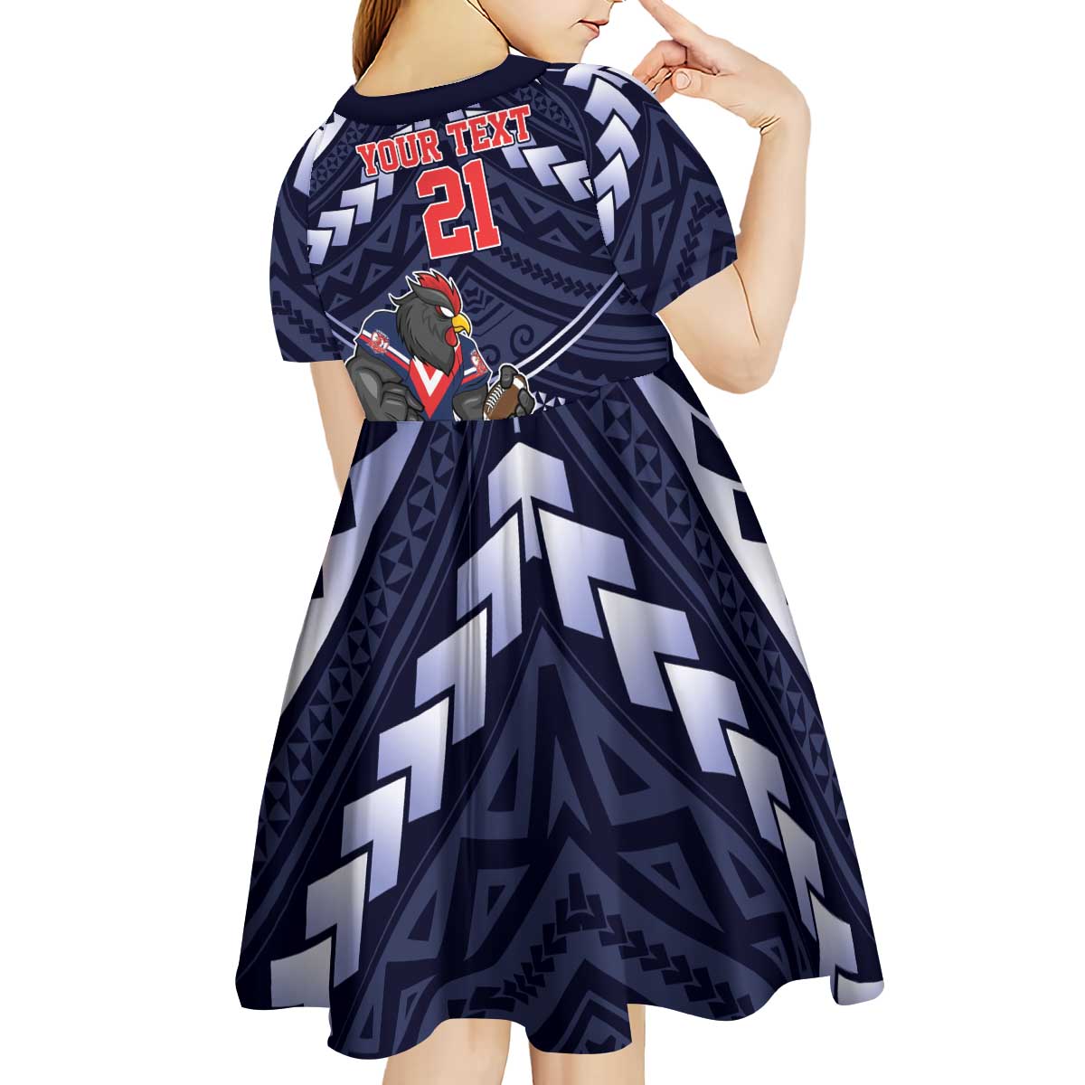 Custom Roosters Rugby Polynesian Tribal Kid Short Sleeve Dress