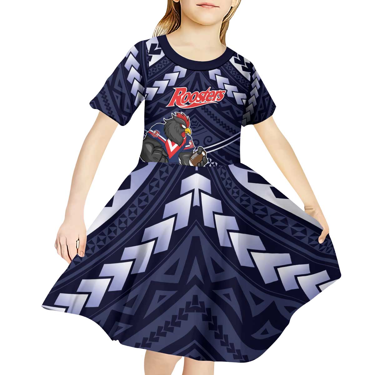 Custom Roosters Rugby Polynesian Tribal Kid Short Sleeve Dress