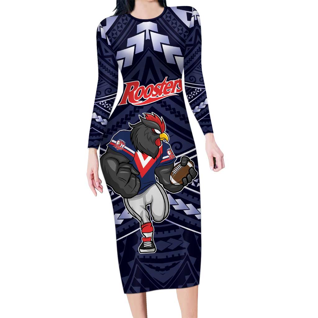 Custom Roosters Rugby Polynesian Tribal Long Sleeve Bodycon Dress