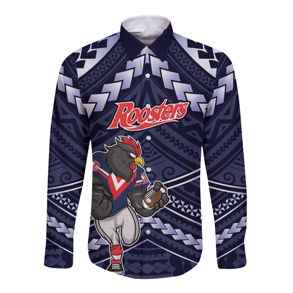 Custom Roosters Rugby Polynesian Tribal Long Sleeve Button Shirt