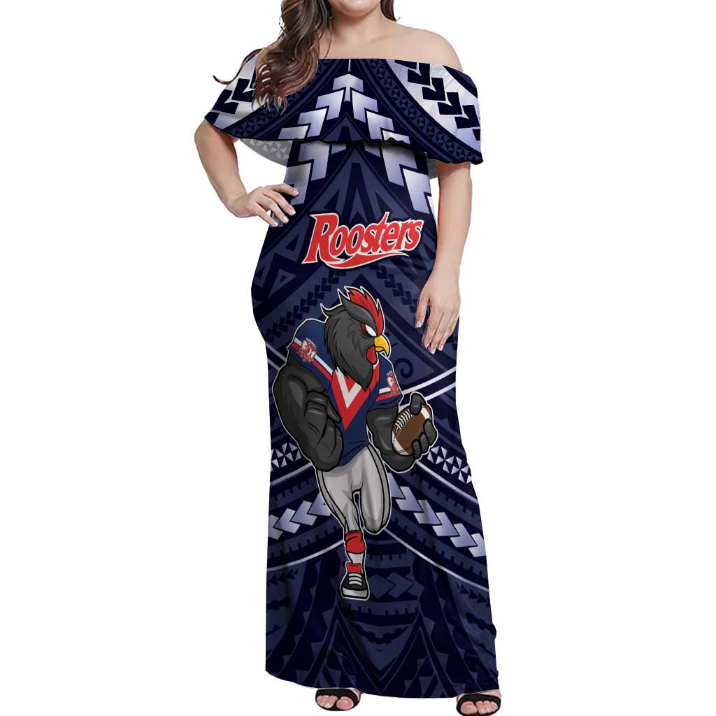 Custom Roosters Rugby Polynesian Tribal Off Shoulder Maxi Dress