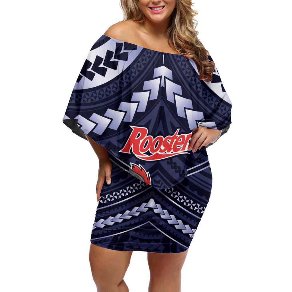 Custom Roosters Rugby Polynesian Tribal Off Shoulder Short Dress