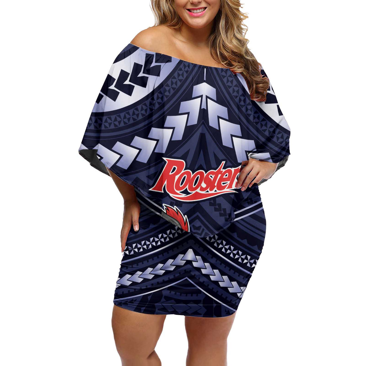 Custom Roosters Rugby Polynesian Tribal Off Shoulder Short Dress