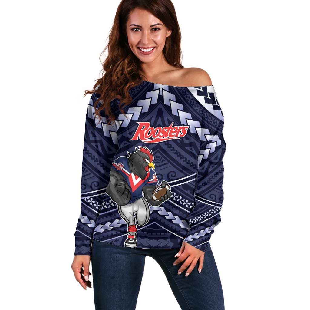 Custom Roosters Rugby Polynesian Tribal Off Shoulder Sweater