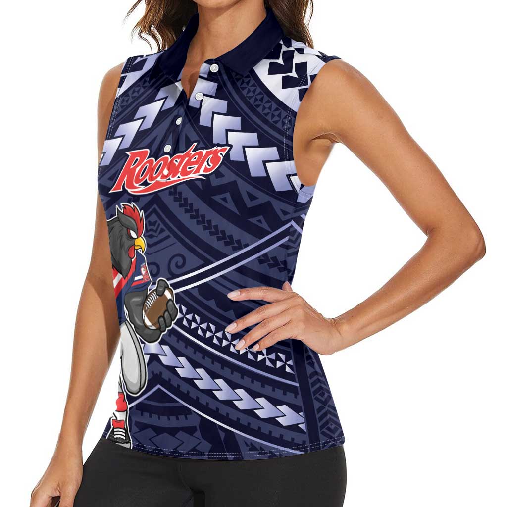 Custom Roosters Rugby Polynesian Tribal Women Sleeveless Polo Shirt