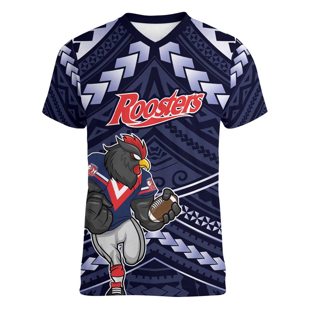 Custom Roosters Rugby Polynesian Tribal Women V-Neck T-Shirt