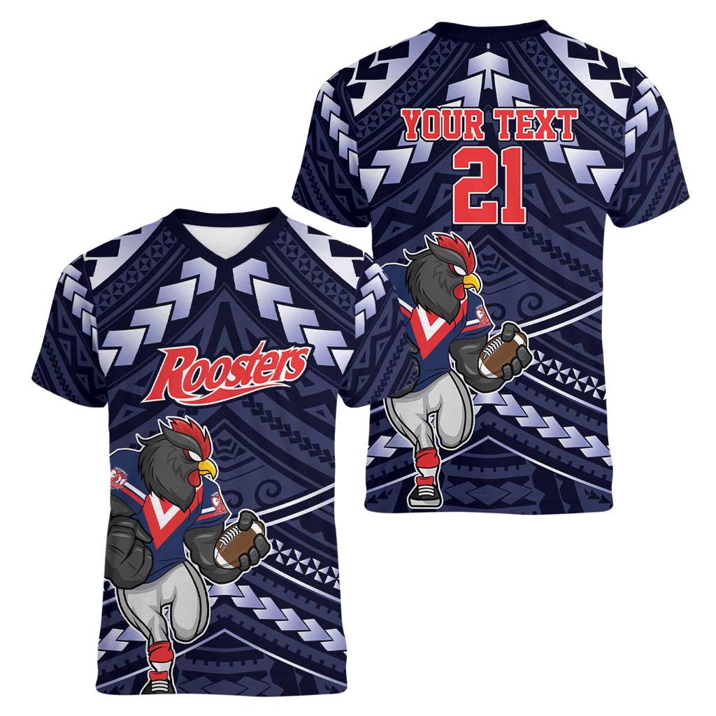 Custom Roosters Rugby Polynesian Tribal Women V-Neck T-Shirt
