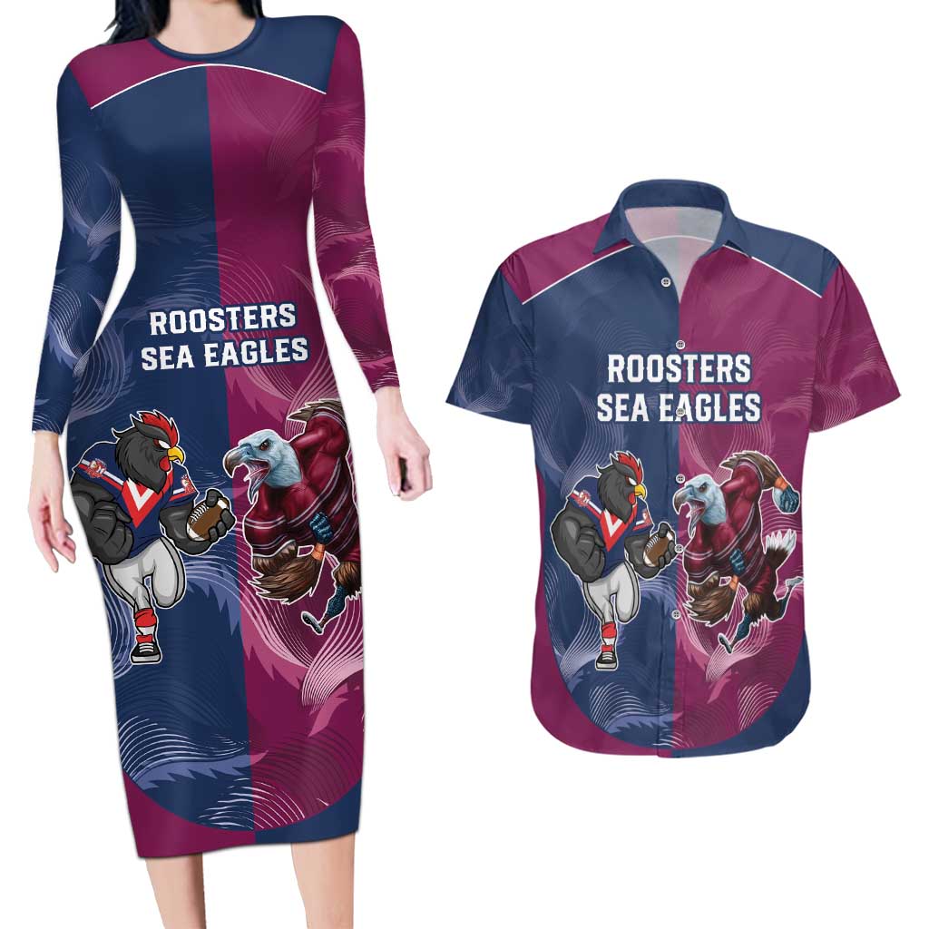Roosters-Sea Eagles Rugby Custom Couples Matching Long Sleeve Bodycon Dress and Hawaiian Shirt Half Grunge Style