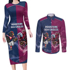 Roosters-Sea Eagles Rugby Custom Couples Matching Long Sleeve Bodycon Dress and Long Sleeve Button Shirt Half Grunge Style